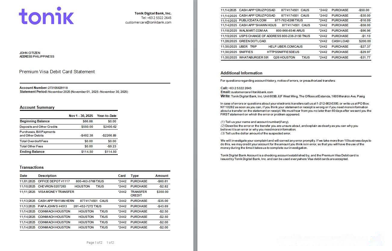 Philippines Tonik bank Premium Visa Debit Card statement Word and PDF template scr, 2 pages download template file
