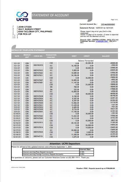 Philippines UCPB bank statement of account template in Excel and PDF format download template file