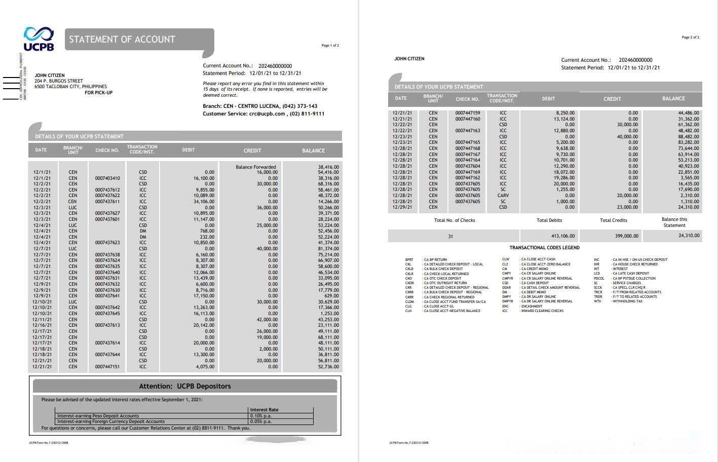 Philippines UCPB bank statement of account template in Word and PDF format download template file