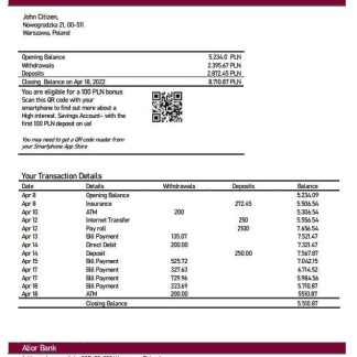 Poland Alior bank statement download template file