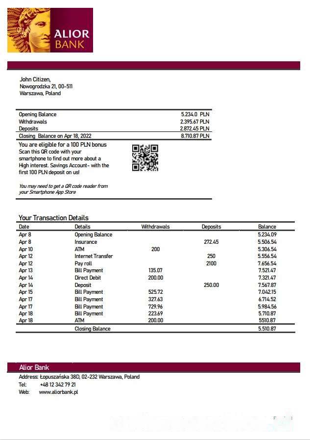 Poland Alior bank statement download template file