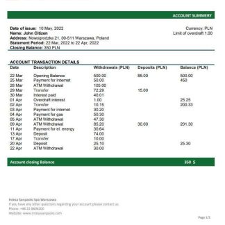 Poland Banca Intesa bank statement download template file