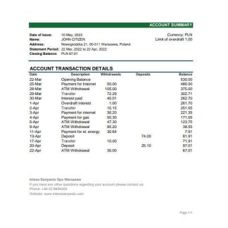 Poland Banca Intesa bank statement Excel and PDF template download template file
