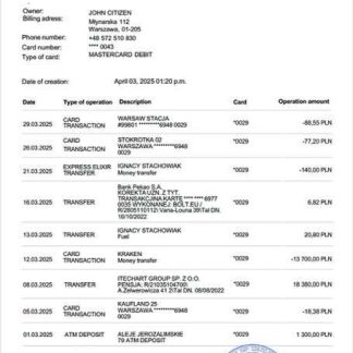 Poland Bank Pekao account statement Word and PDF template download template file