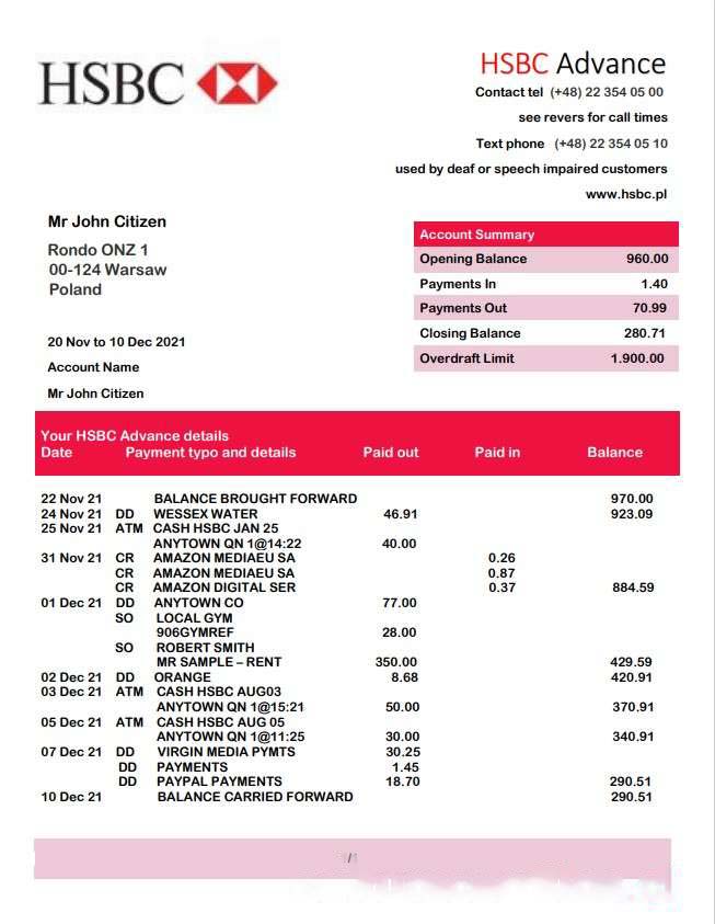Poland HSBC bank statement download template file