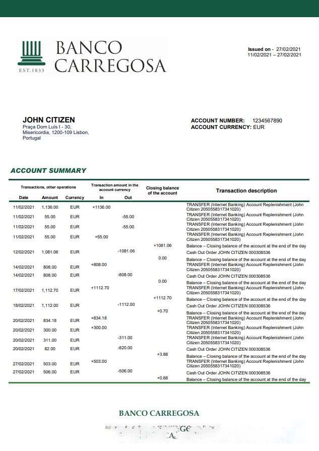 Portugal Banco Carregosa word pdf download template file
