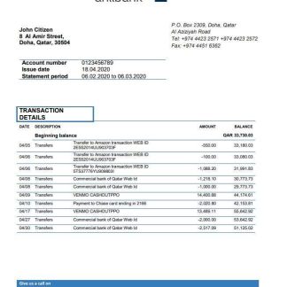 Qatar Ahlibank proof of address bank statement template in Word and PDF format, .doc and .pdf format download template file