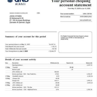 Qatar QNB Alahli Bank account statement Word and PDF template download template file