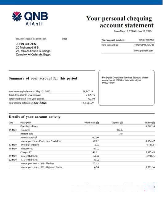 Qatar QNB Alahli Bank account statement Word and PDF template download template file