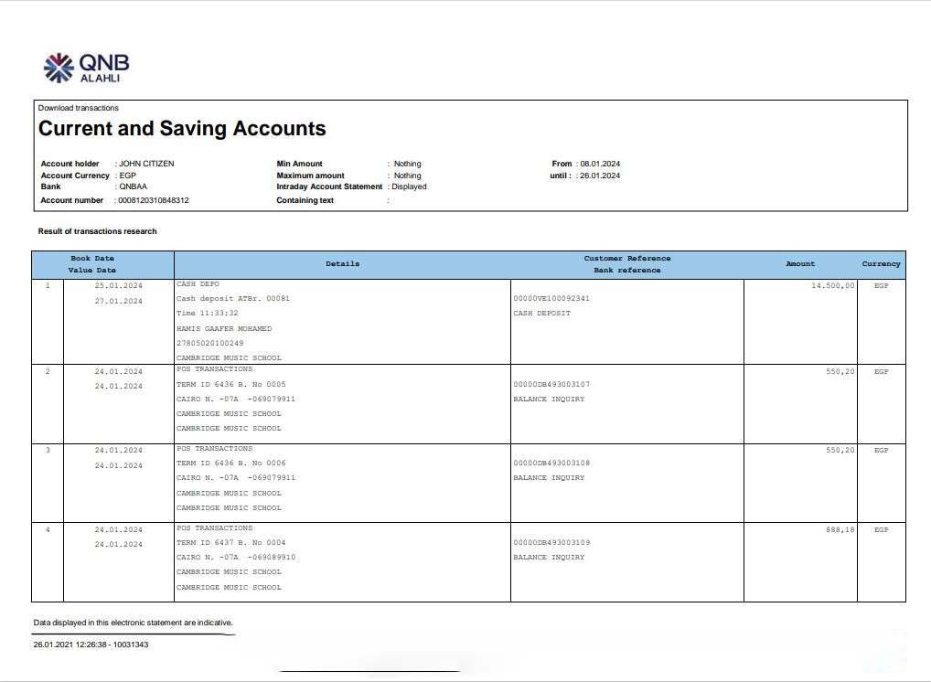 Qatar QNB Alahli bank statement 3 ?C 6 months Word and PDF example, version 2 download template file