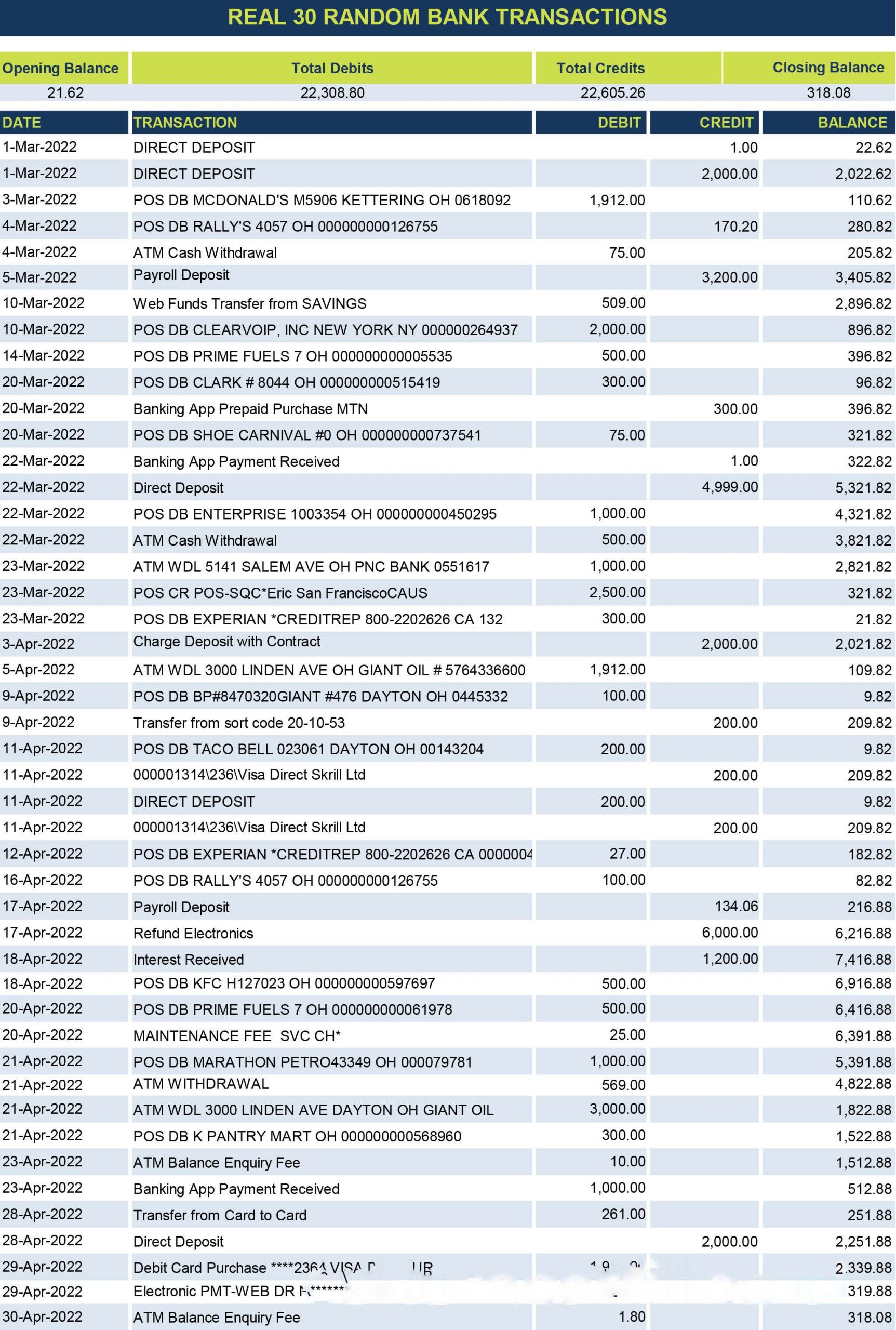 real 30 random bank transactions Excel and PDF template download template file