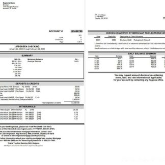 Regions Bank Statement 3 page download template file