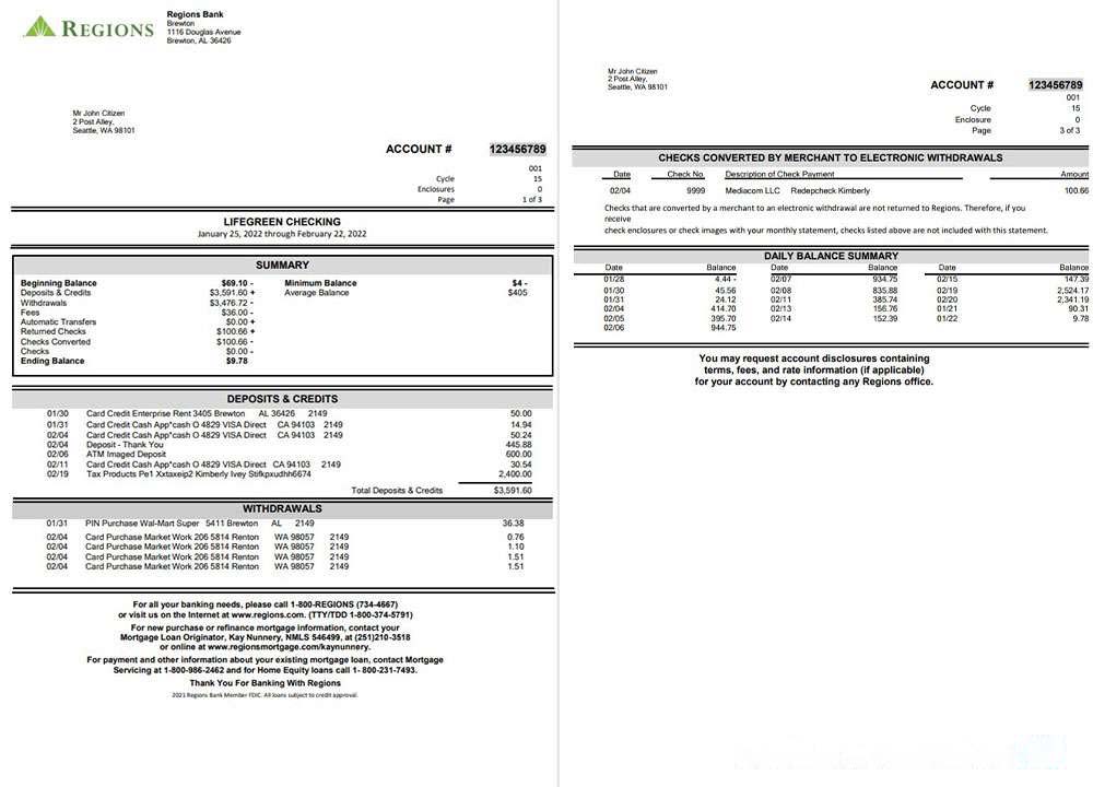 Regions Bank Statement 3 page download template file