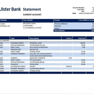 Republic of Ireland Ulster Bank statement template in Word and PDF format, good for address prove download template file