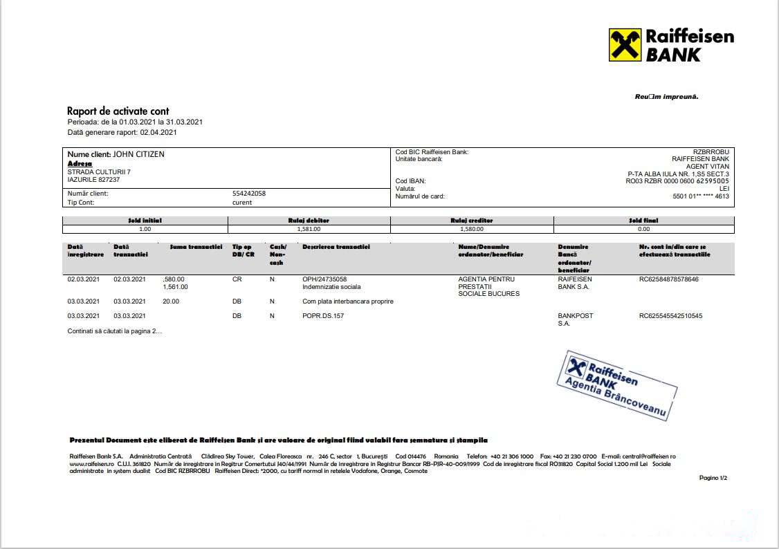 Romania Raiffeisen Bank download template file