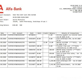 Russia Alfa bank proof of address statement template in Word and PDF format download template file
