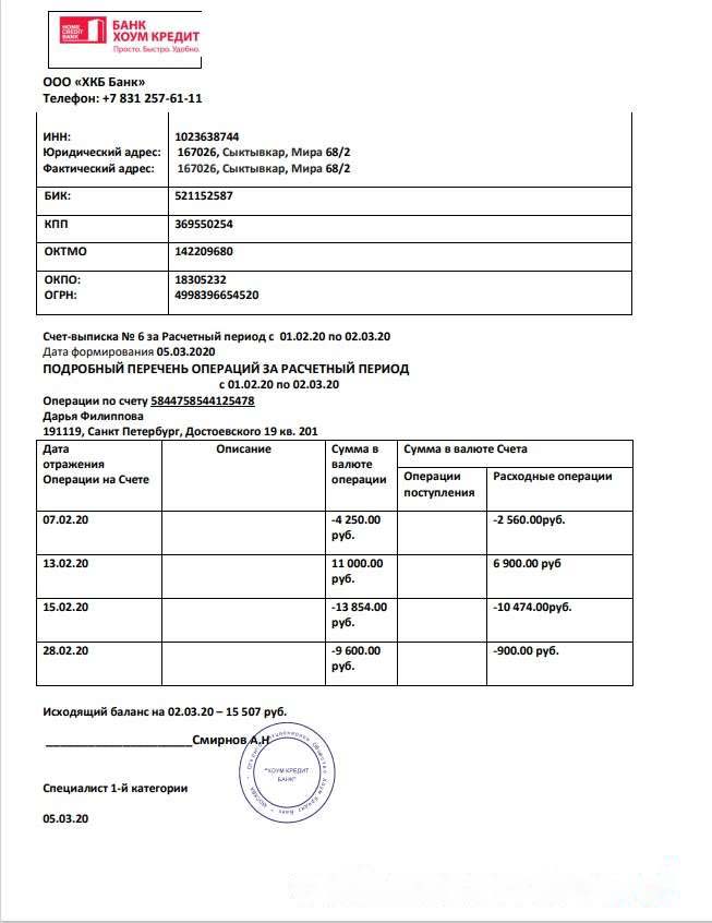 Russia Home Credit bank statement template in Word and PDF format, good for address prove download template file