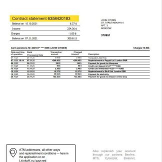 Russia Tinkoff bank proof of address statement (English version) template in Word and PDF format download template file