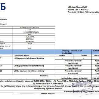 Russia VTB bank proof of address statement template in Word and PDF format download template file