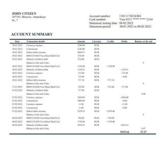 Russia Zenit Bank statement download template file