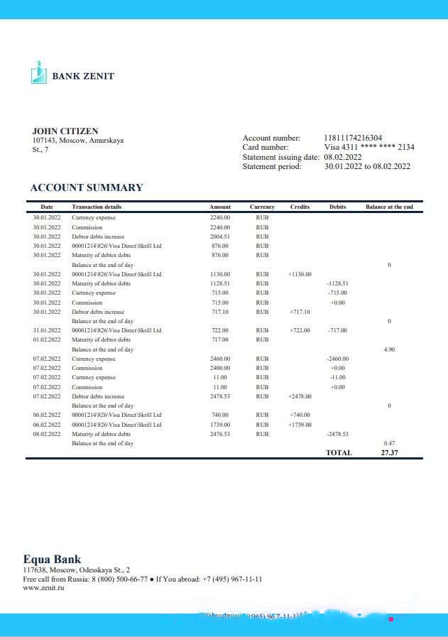 Russia Zenit Bank statement download template file