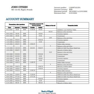 Rwanda Bank of Kigali bank statement download template file