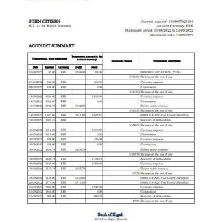 Rwanda Bank of Kigali bank statement, Excel and PDF template download template file