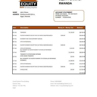 Rwanda Equity Bank statement easy to fill template in .xls and .pdf file format download template file