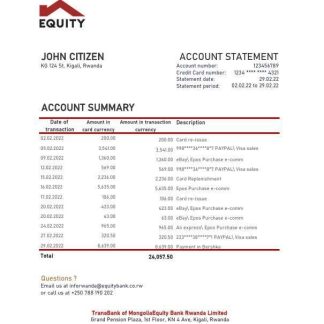 Rwanda Equity bank statement, Excel and PDF template download template file