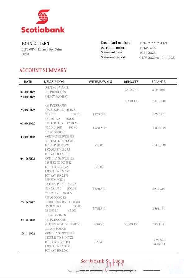 Saint Lucia Scotiabank bank statement download template file