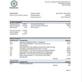 Salvador Bandesal bank statement, Excel and PDF template download template file