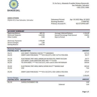 Salvador Bandesal bank statement template in Word and PDF format download template file