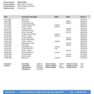 Samoa Bank of Hawaii bank proof of address statement template in Word and PDF format download template file