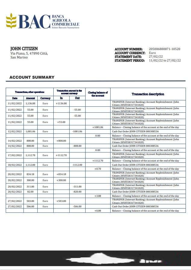 San Marino Banca Agricole Commerciale bank statement download template file