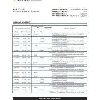 San Marino Banca Agricole Commerciale bank statement, Excel and PDF template download template file