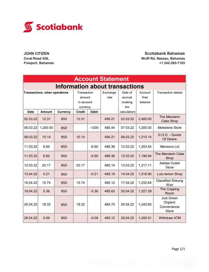 Bahamas Scotiabank bank statement xls download template file