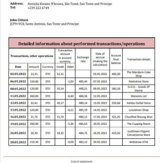 Sao Tome and Principe Afriland First Bank statement download template file