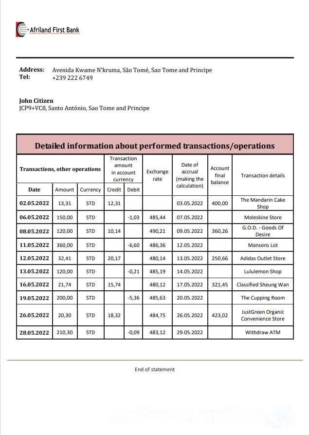 Sao Tome and Principe Afriland First Bank statement download template file