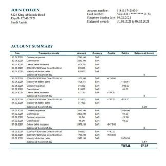 Saudi Arabia Banque Saudi Fransi bank statement template in Word and PDF format, good for address prove download template file