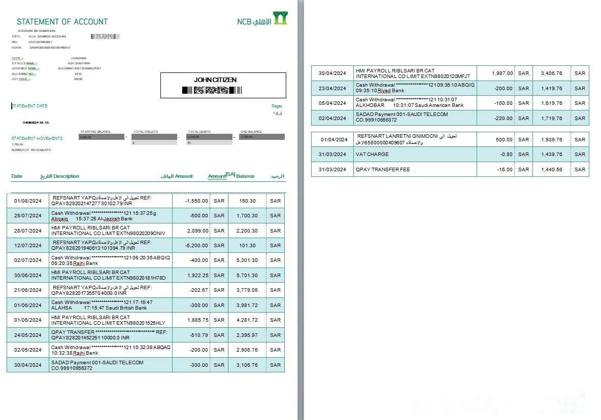 Saudi Arabia NCB Bank account statement, Word and PDF template, 2 pages download template file