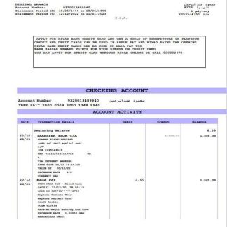 Saudi Arabia Riyad Bank statement Word and PDF example download template file
