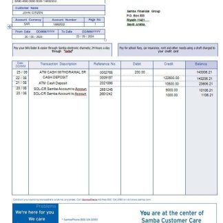 Saudi Arabia Samba Bank account statement, Word and PDF template download template file