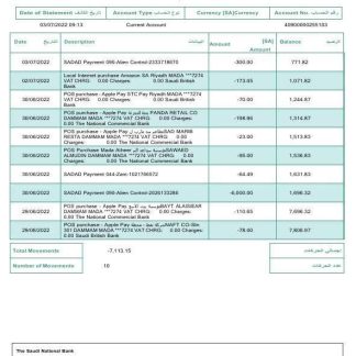 Saudi Arabia Saudi National Bank statement Word and PDF template download template file
