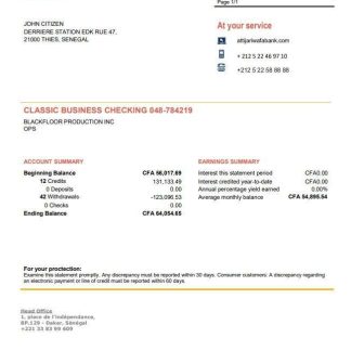 Senegal Attijariwafa Bank proof of address statement template in Word and PDF format download template file