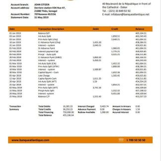 Senegal Banque Atlantique bank statement easy to fill template in Word and PDF format download template file