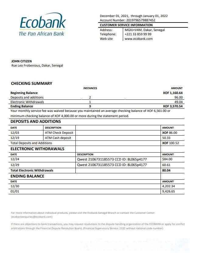 Senegal Ecobank bank statement download template file
