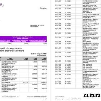 Serbia Komercijalna Banka account statement Word and PDF template, 2 pages download template file