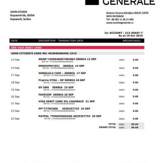 Serbia Societe Generale bank proof of address statement template in Word and PDF format download template file