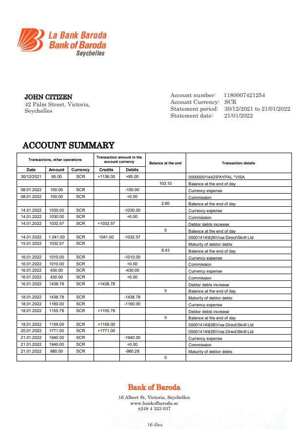 Seychelles Bank of Baroda bank statement download template file