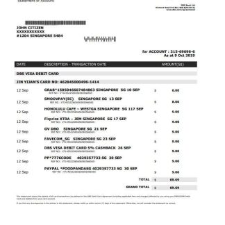 Singapore DBS bank proof of address statement template in .doc and .pdf format download template file
